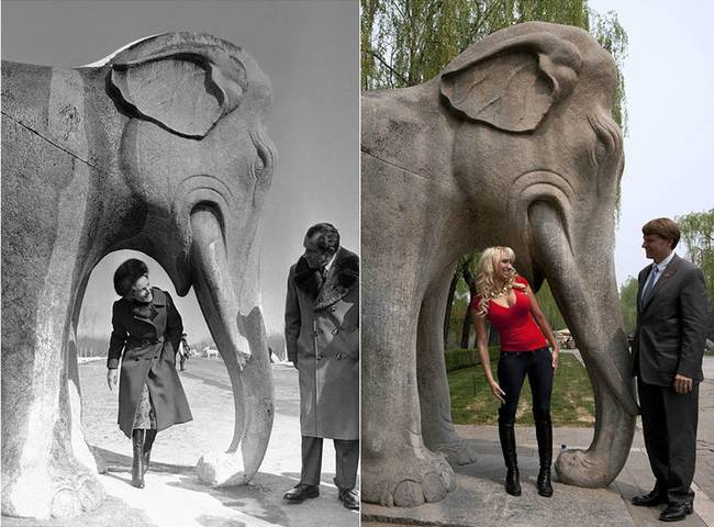 左图为1972年2月，时任美国总统尼克松及夫人在明十三陵的大象雕塑前拍照。右图为2013年5月，尼克松的孙子率领美国代表团访问北京，也参观了明十三陵，并模仿其外祖父在大象雕塑下拍照。